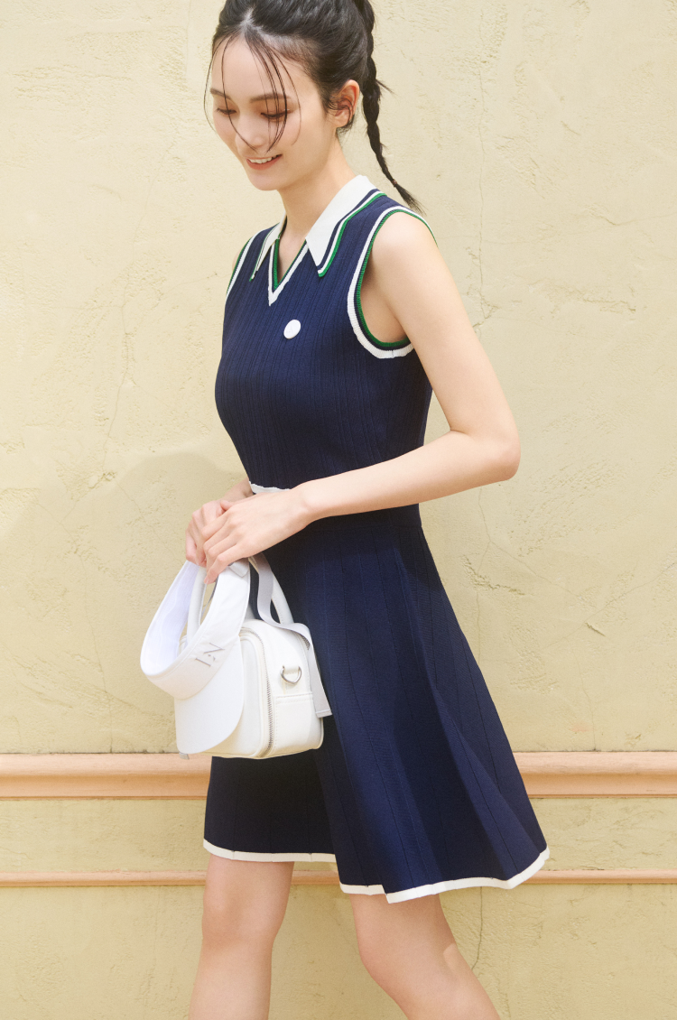 【再入荷】Line-Patterned Ribbed Knit Golf Dress NAVY