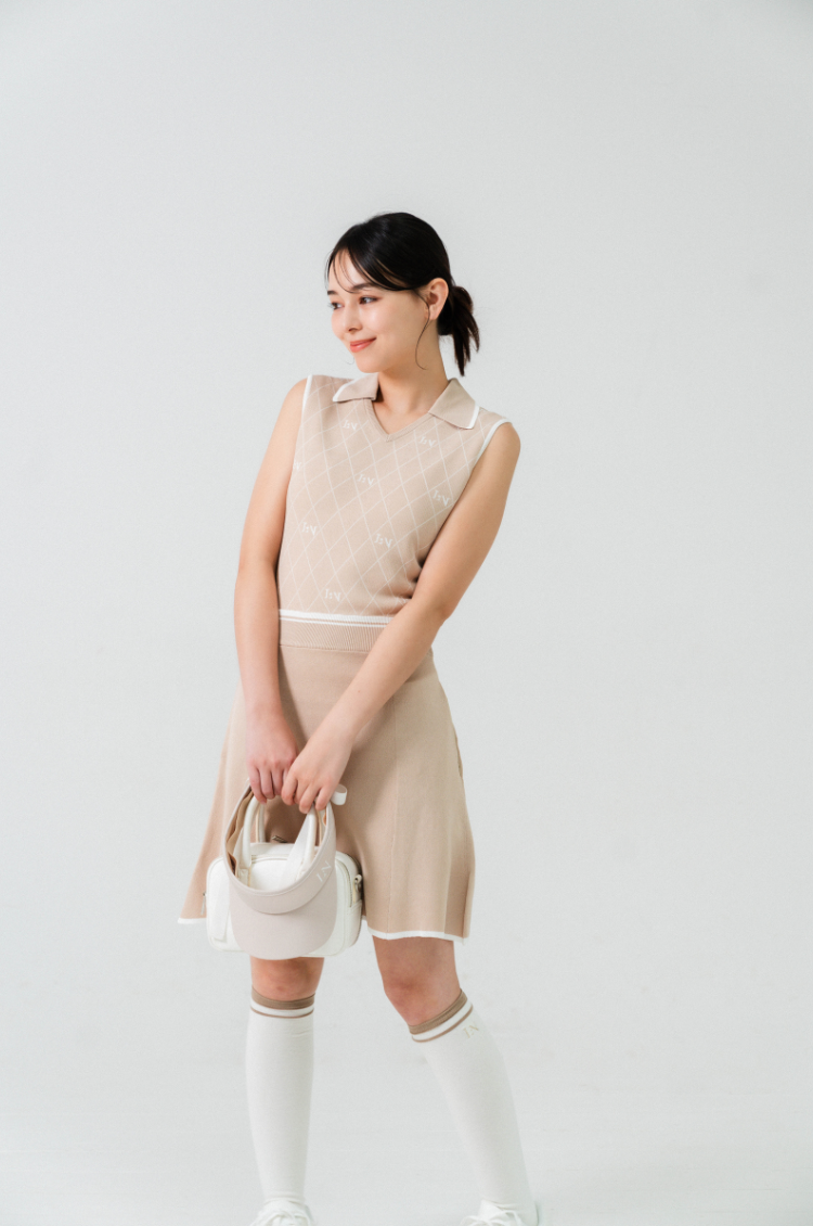Logo V-Neck Knit Dress Beige