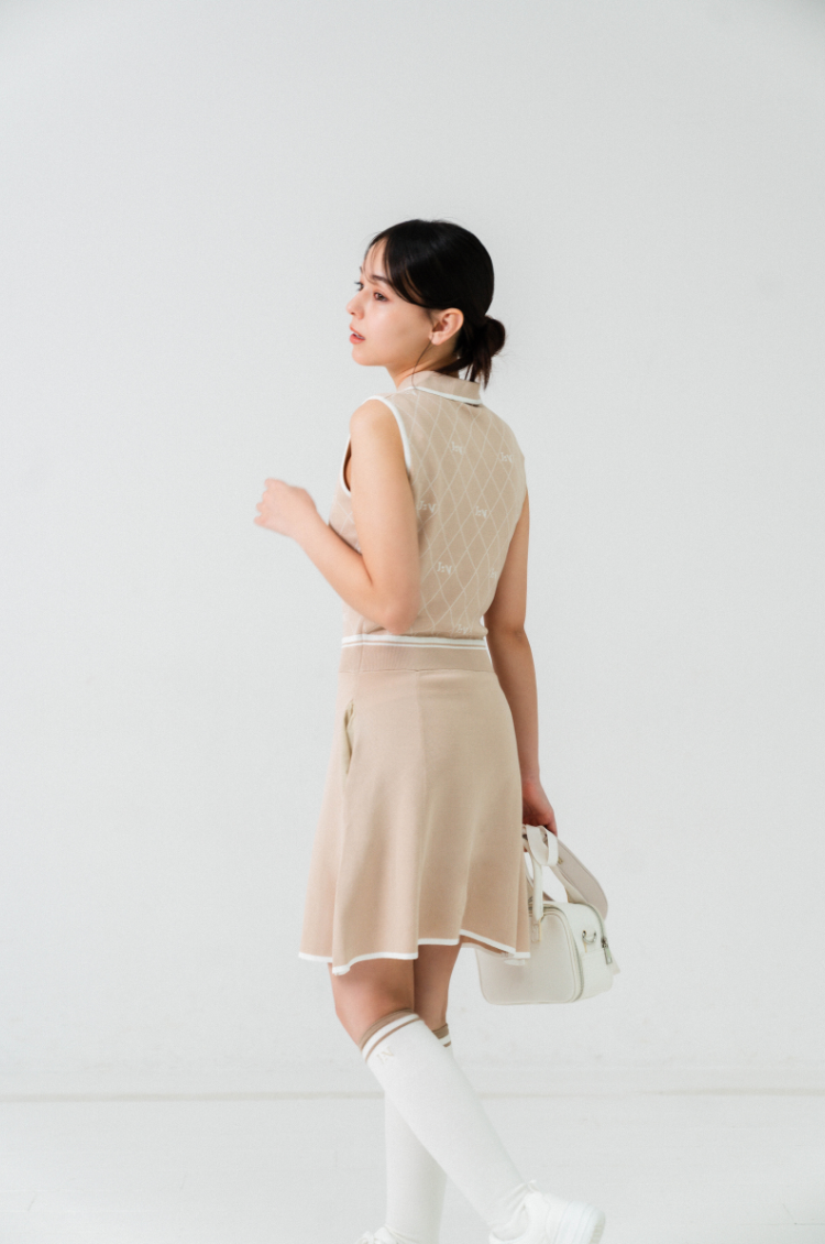 Logo V-Neck Knit Dress Beige
