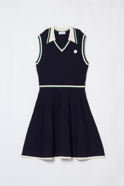 【再入荷】Line-Patterned Ribbed Knit Golf Dress NAVY