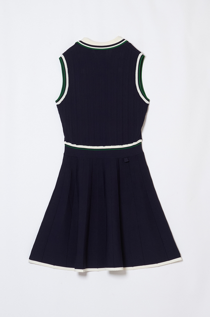 【再入荷】Line-Patterned Ribbed Knit Golf Dress NAVY