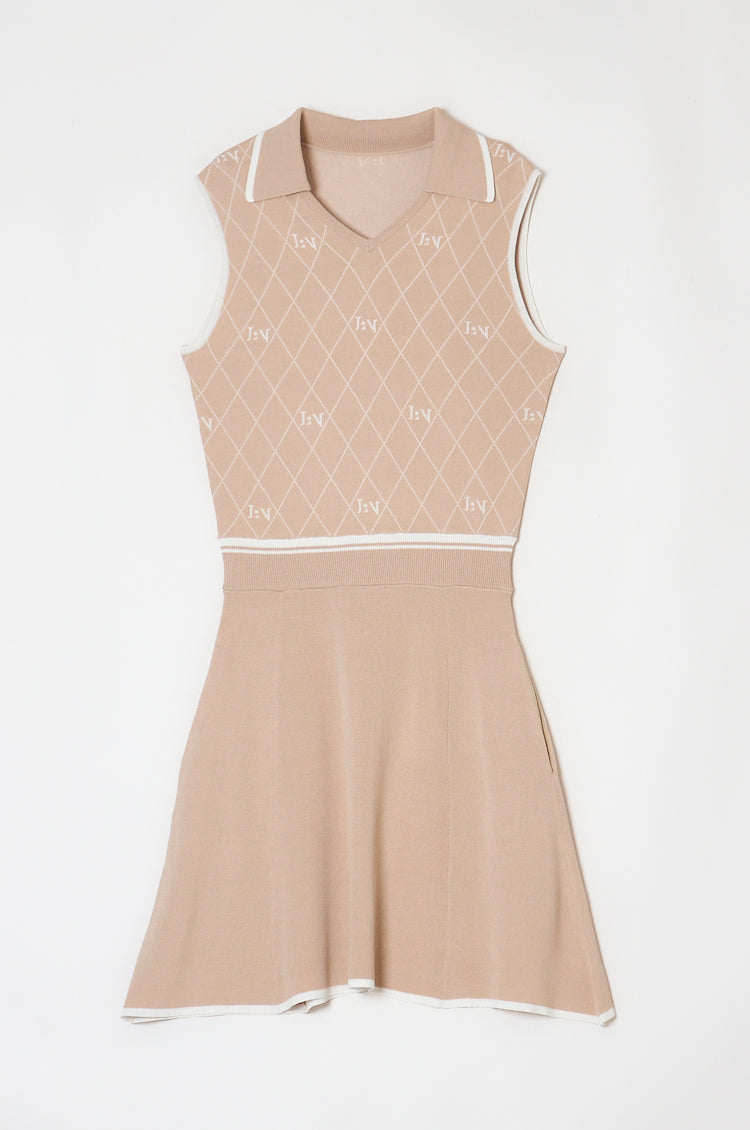 Logo V-Neck Knit Dress Beige