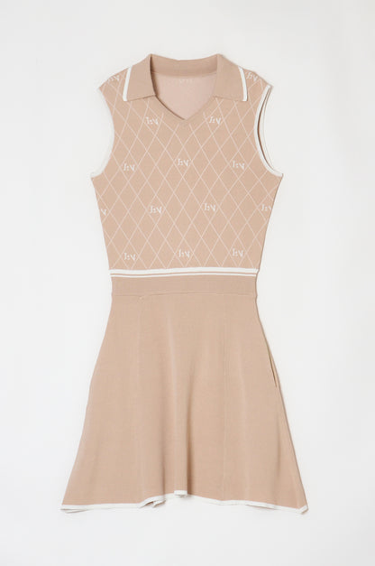 Logo V-Neck Knit Dress Beige
