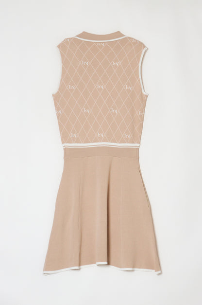 Logo V-Neck Knit Dress Beige