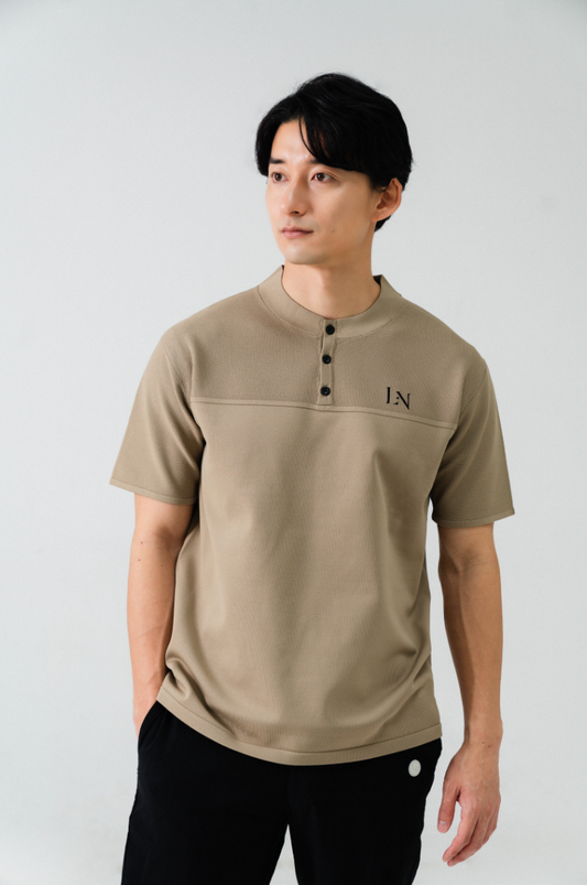 Stand Collar Knit Polo Beige