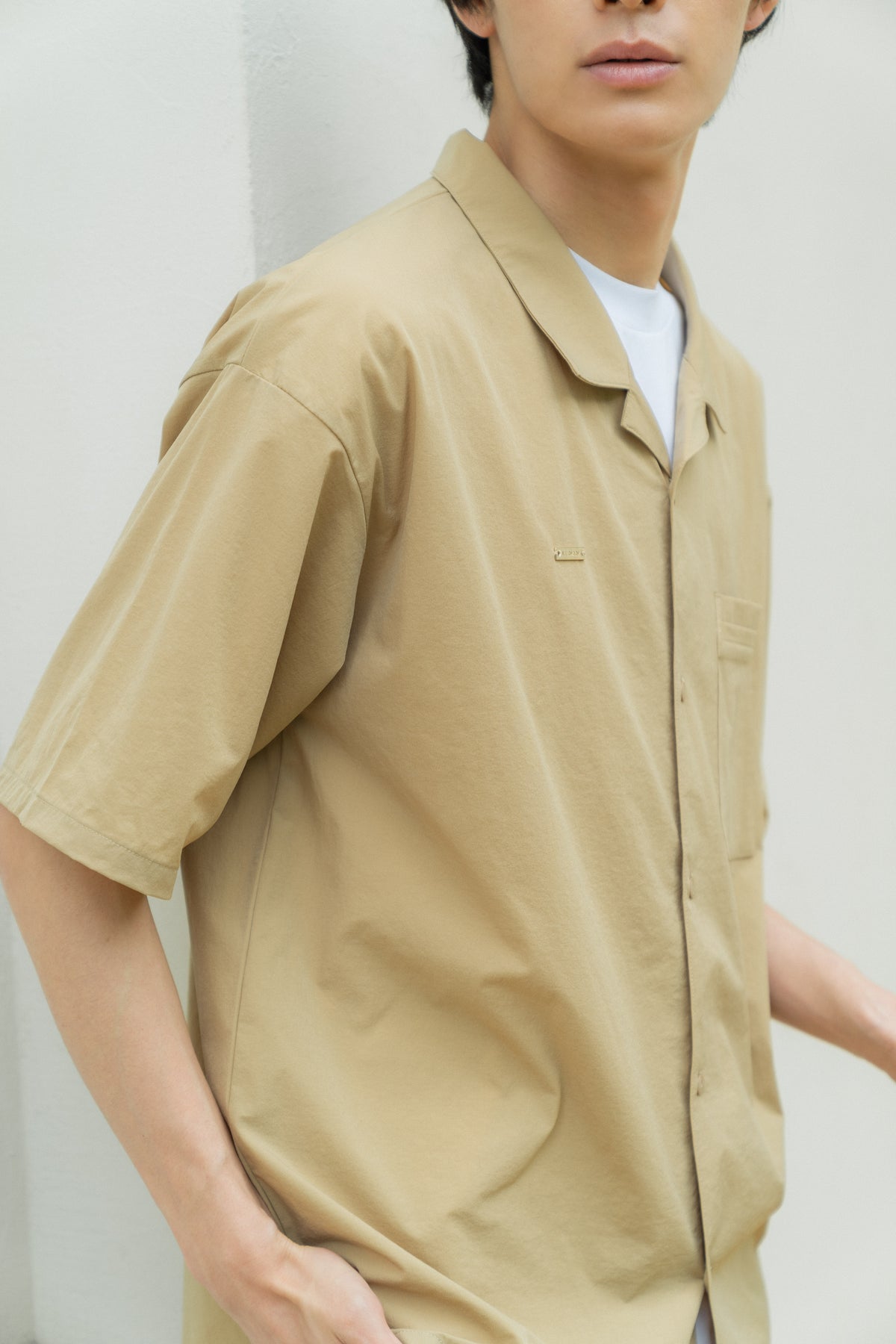 Mens Relax Open Collar Shirt BEIGE – LE.NAN