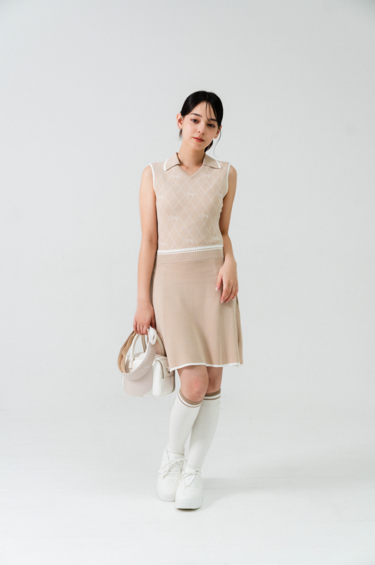 Logo V-Neck Knit Dress Beige
