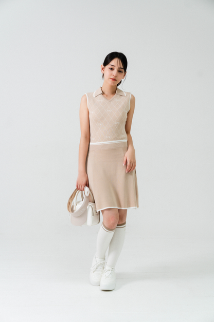 Logo V-Neck Knit Dress Beige