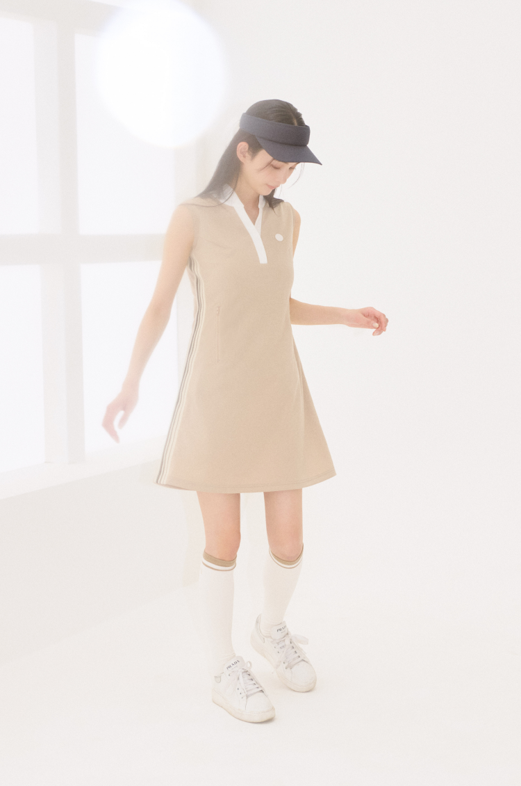 Side Striped Sleeveless Golf Dress BEIGE