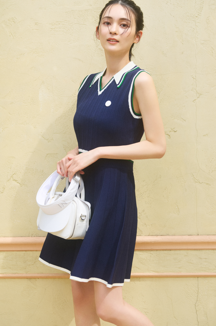 【再入荷】Line-Patterned Ribbed Knit Golf Dress NAVY