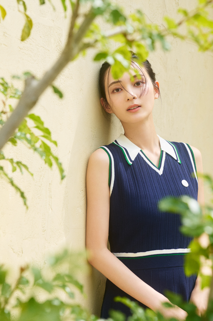 【再入荷】Line-Patterned Ribbed Knit Golf Dress NAVY