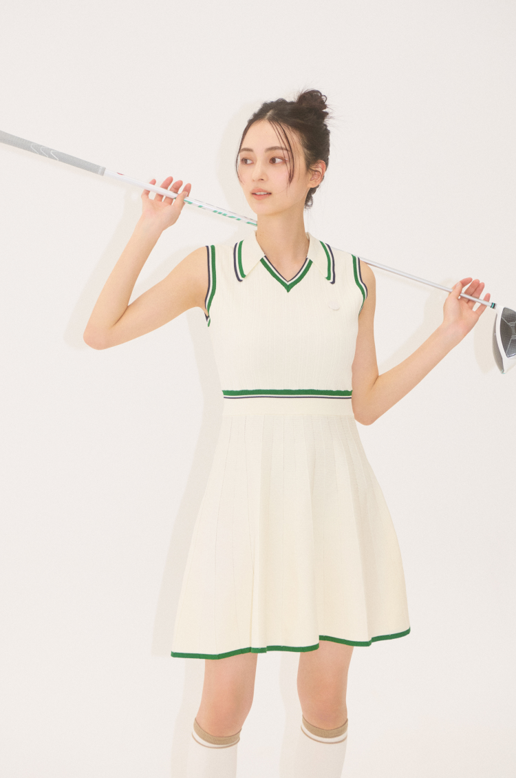 Line-Patterned Ribbed Knit Golf Dress WHITE